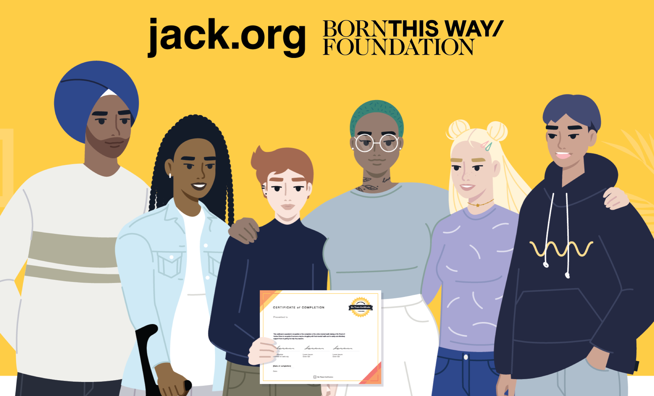 Young person holding a certificate surrounded by a group of cheerful young people of diverse race, ability, gender, body shape.